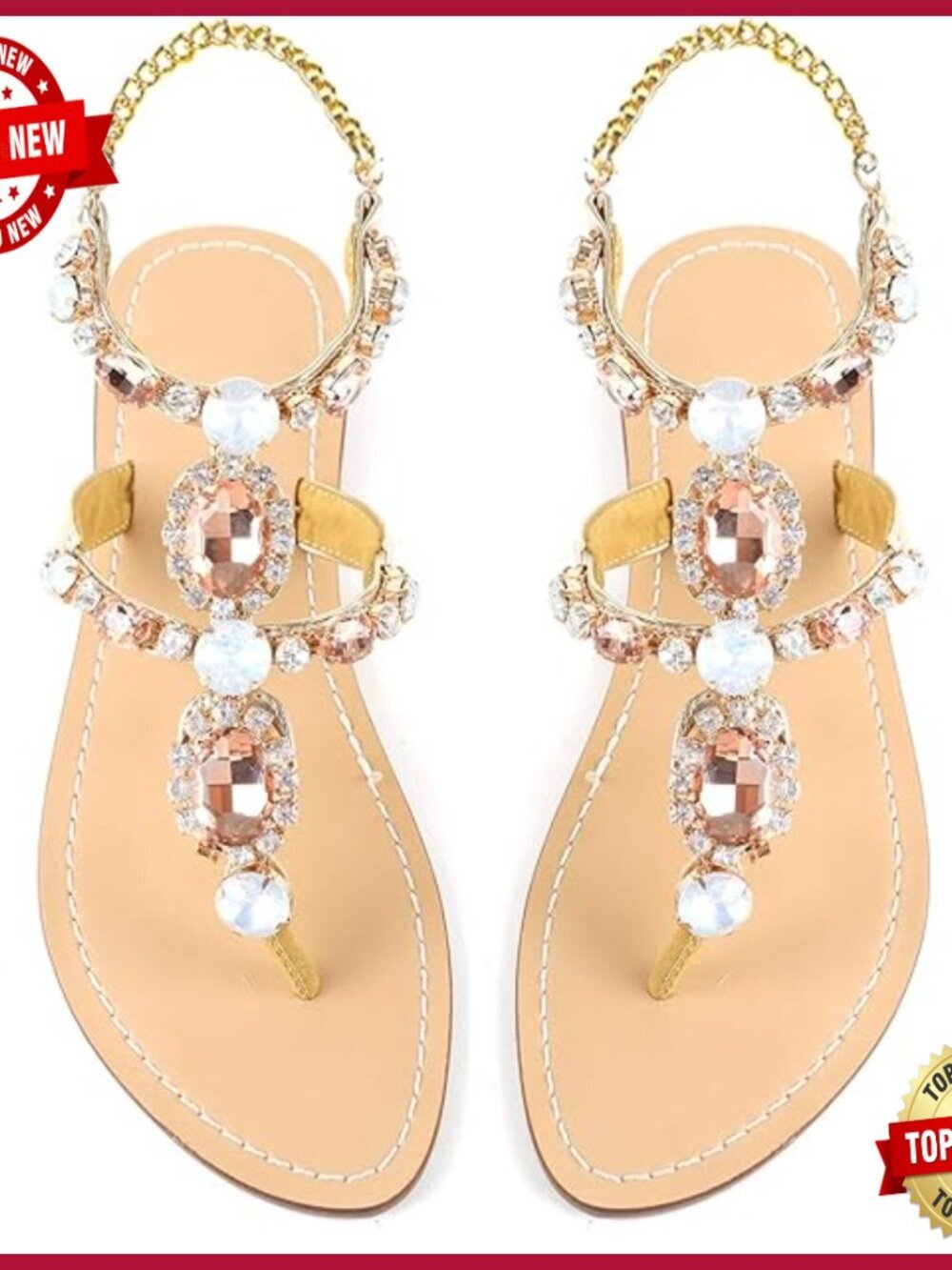 Flat Gladiator Sandals with Rhinestones and Pearls for Beach Wedding